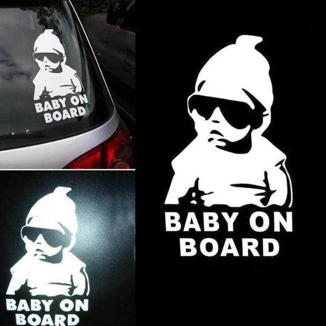 Наклейка Baby on board Белая светоотражающая на авто - изображение 1