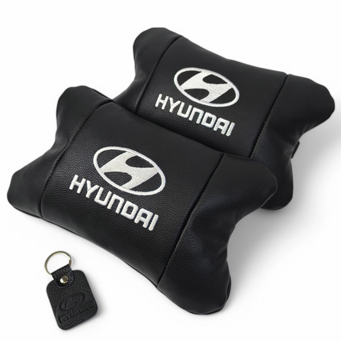 Набір подушок для авто Hyundai 2шт, натуральна шкіра, чорний колі... - изображение 1