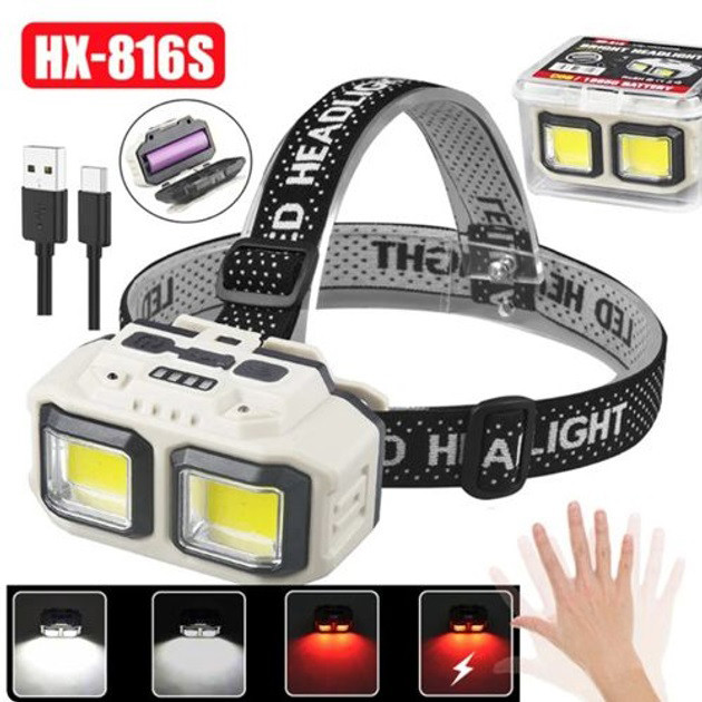 Ліхтар налобний акумуляторний Bailong HX-816S 2COB(white+red) із ... - изображение 1