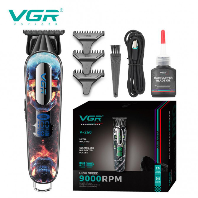 Тример акумуляторний для стрижки VGR V-260 RED, 3 насадки, LED ди... - изображение 1