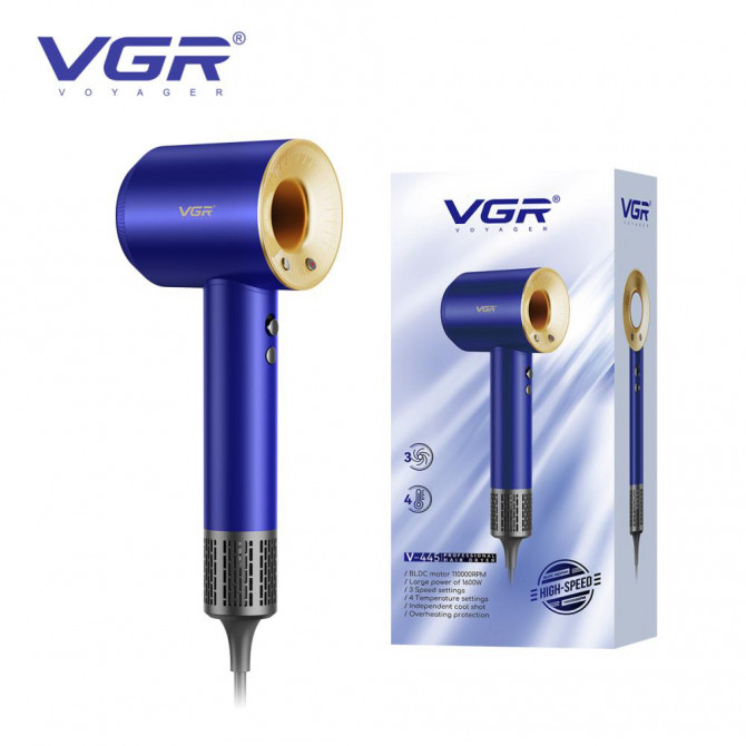 Фен професійний VGR V-445 BLUE, 3 рівні обдування, 4 рівні темпер... - изображение 1