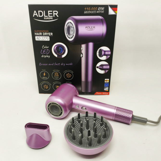 Фен для волосся ADLER AD 2270P SUPERSPEED 1600Вт з дисплеєм іоніз... - изображение 1