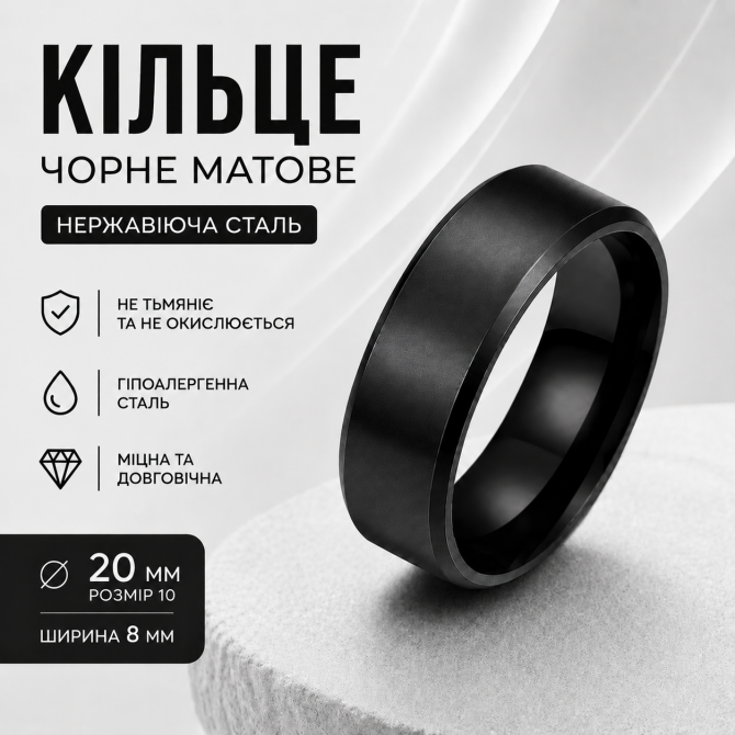 Кільце чорне матове нержавіюча сталь жіноче чоловіче унісекс 20 р... - изображение 1