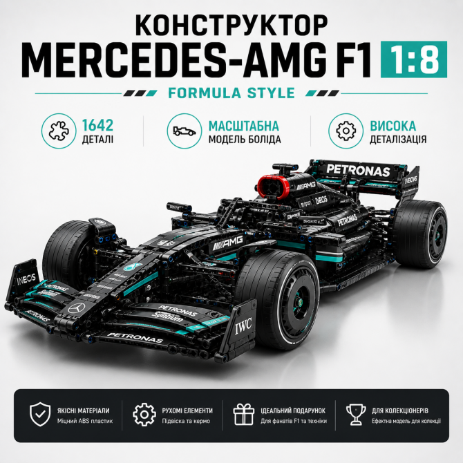 Конструктор "Mercedes-AMG F1" – 1:8, 1642 деталі, 63×26×13 см, чо... - изображение 1