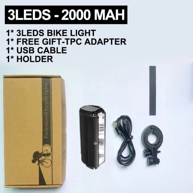 Велосипедна фара 2000mAh – потужний 3 LED ліхтар із 5 режимами, I... - изображение 1