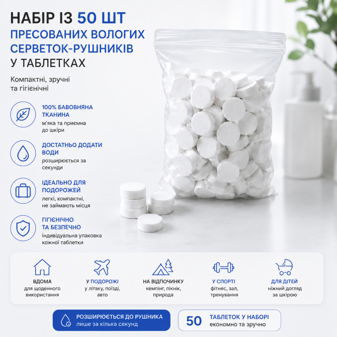 Набір із 50 шт пресованих вологих серветок-рушників у таблетках д... - изображение 1