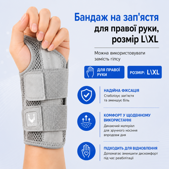 Фіксатор бандаж на зап’ястя для правої руки, розмір L/XL, сірий, ... - изображение 1