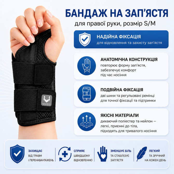 Фіксатор бандаж на зап’ястя для правої руки, розмір S/M, чорний, ... - изображение 1