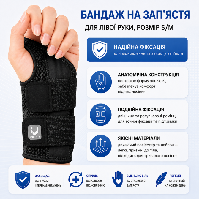 Фіксатор бандаж на зап’ястя для лівої руки, розмір S/M, чорний, з... - изображение 1