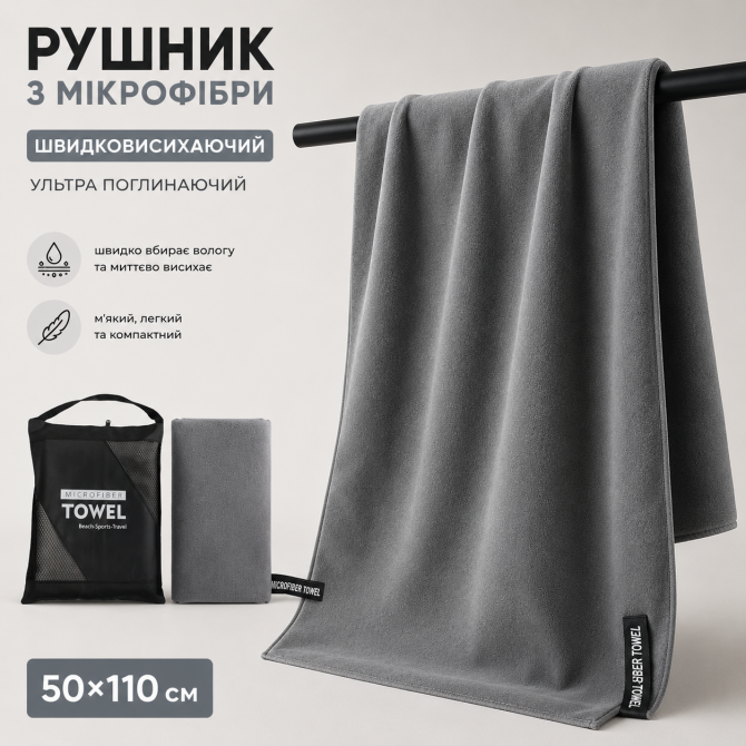 Рушник з мікрофібри швидковисихаючий ультра поглинаючий, світло-с... - изображение 1