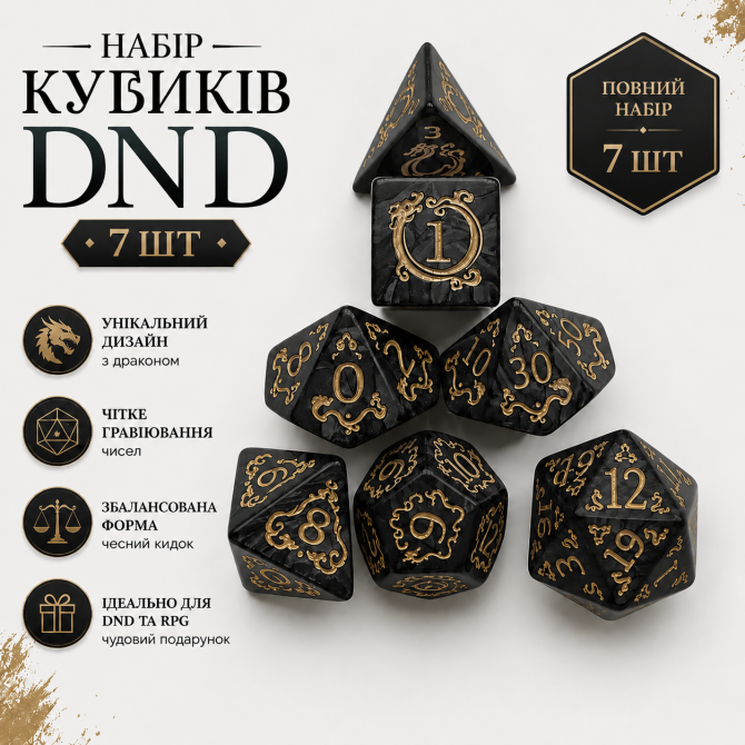 Набір кубиків 7 шт DND з драконом — чорні поліедричні кості для н... - изображение 1