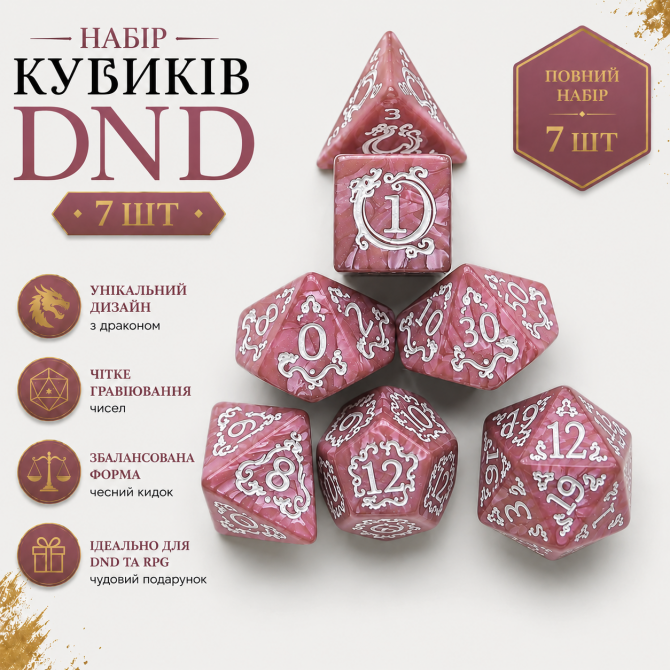 Набір кубиків 7 шт DND з драконом — рожеві поліедричні кості для ... - изображение 1