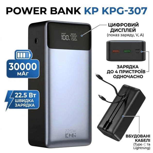 Павербанк KP KPG-307 22.5W 30000 mAh з вбудованими кабелями Type-... - изображение 1
