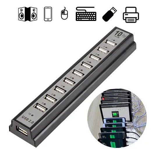 Розгалужувач USB HUB на 10 портів з активною зарядкою 220V, Розга... - изображение 1