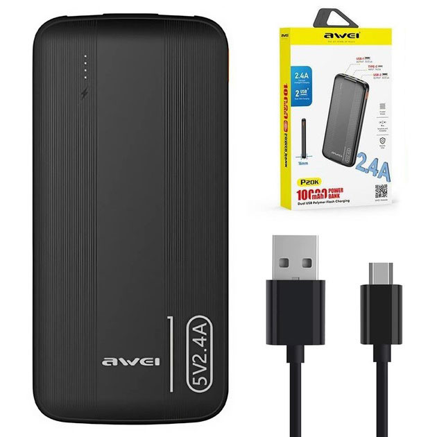 Power Bank Awei P20K 10000 mah Портативне зарядне УМБ 2xUSB чорни... - изображение 1
